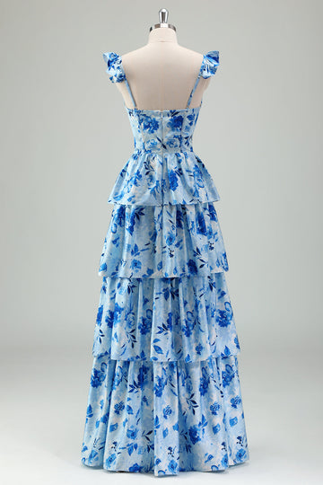 Blue Floral A Line Corset Tiered Maxi Dress With Slit